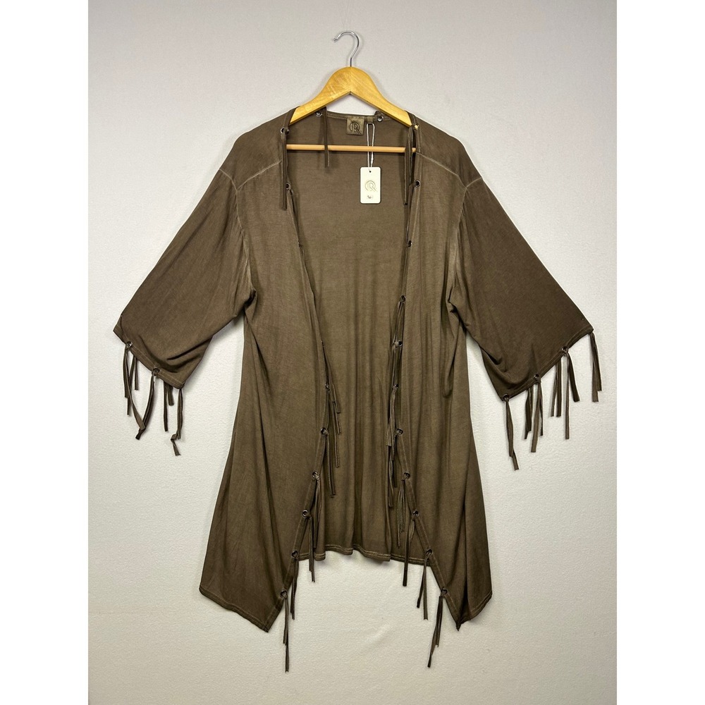 Boho Festival QR Fashion Women S/M Khaki Brown Grommet Tie Fringe Cardigan‎ NWT